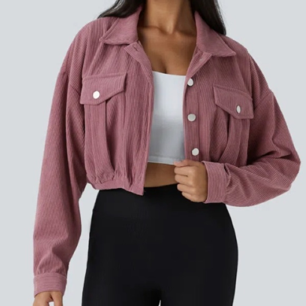 New! Halara Pocket Cropped Corduroy Casual Jacket, Pink Deco Rose, Cargo Pockets